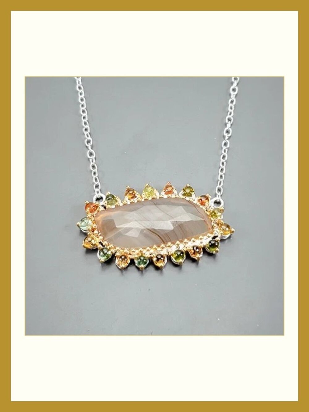 Necklace 14ct+ Natural African Agate with Multi Colored Sapphire Accents 925